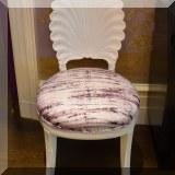 F16. Pair of newly laquered vintage white clam shell side chairs with a plum hand striped fabric. 
